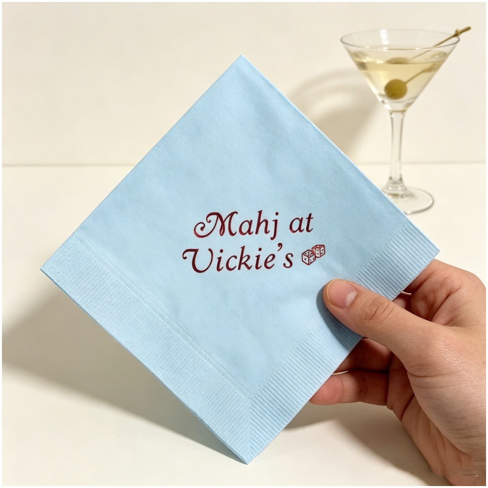 Party Games At Wedding - 50枚入り パーソナライズされた麻雀ゲームナイトカクテルナプキン、カスタム名入り麻雀[名前]レッドフォイルホワイトナプキン、麻雀パーティーゲームニ